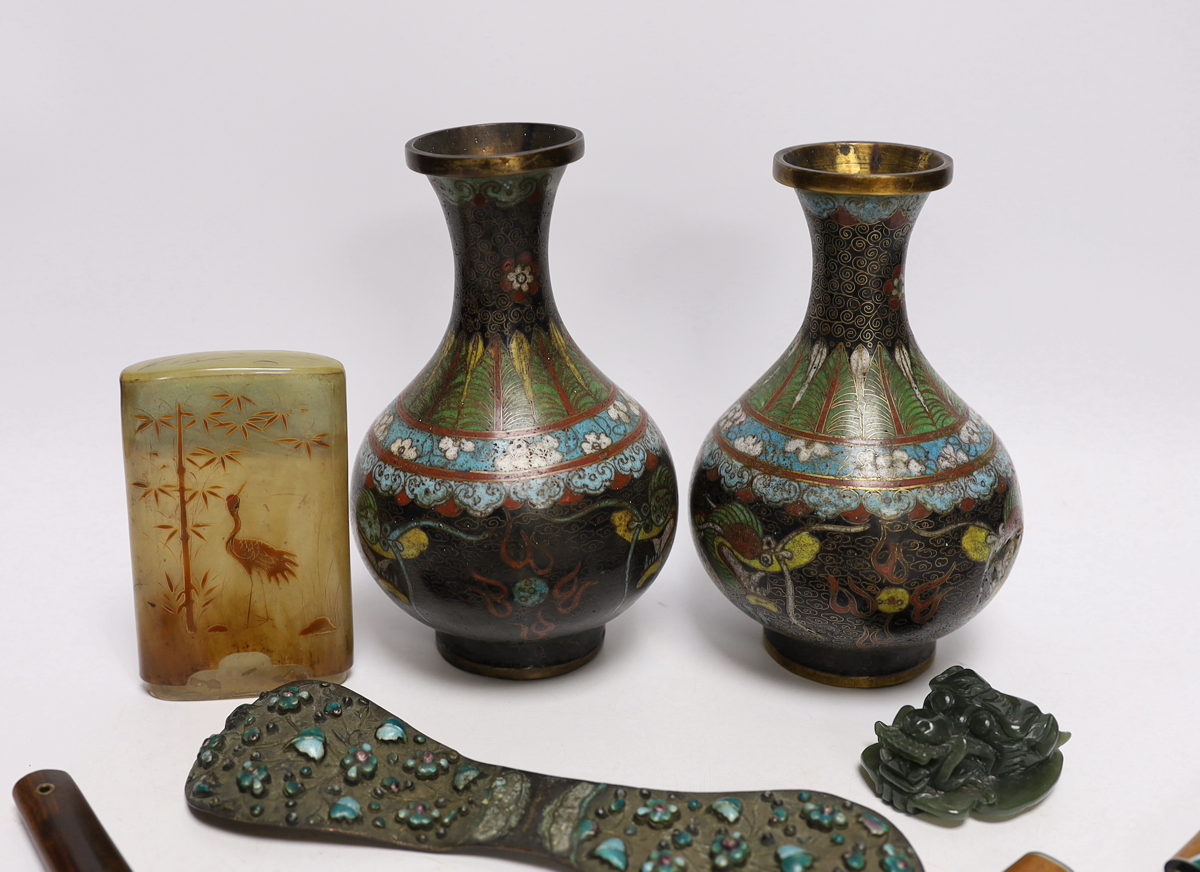 A collection of Chinese and other Oriental items, including a pair of Chinese cloisonné enamel vases, 16.5cm